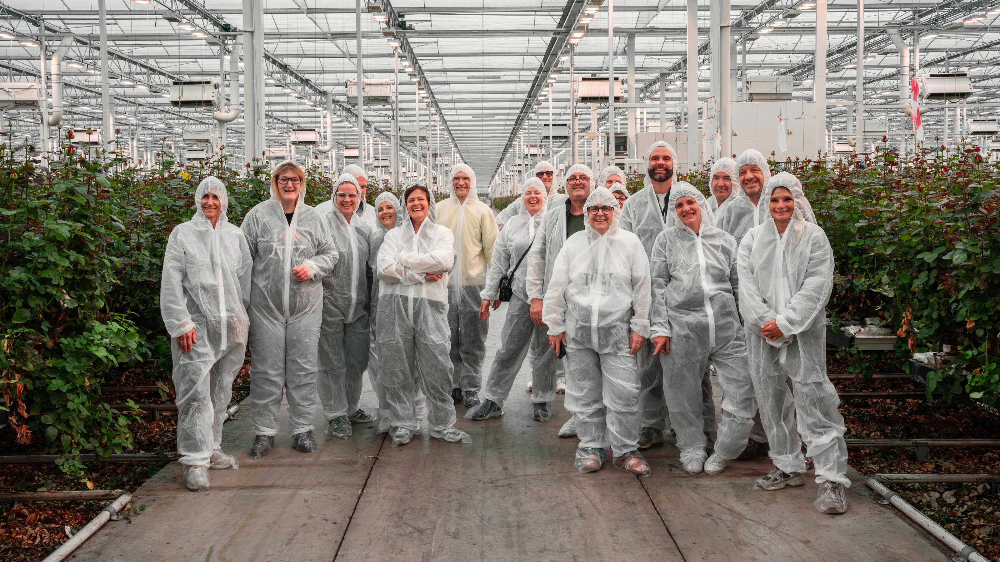 Groep mensen in witte beschermpakken in een kas tussen rijen planten.