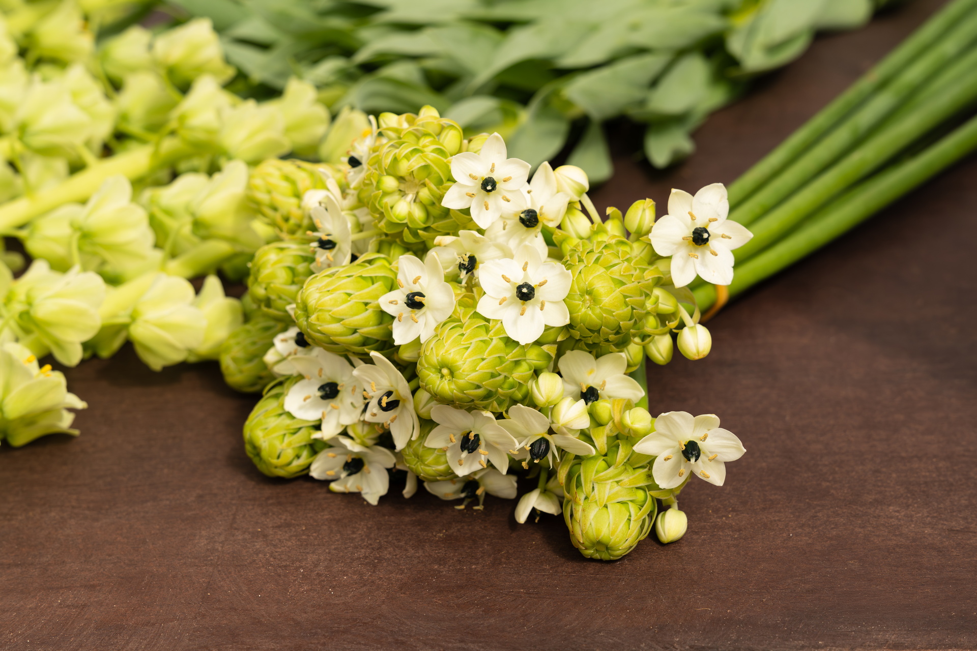Boeket met witte bloemen en groene bladeren op een houten tafel