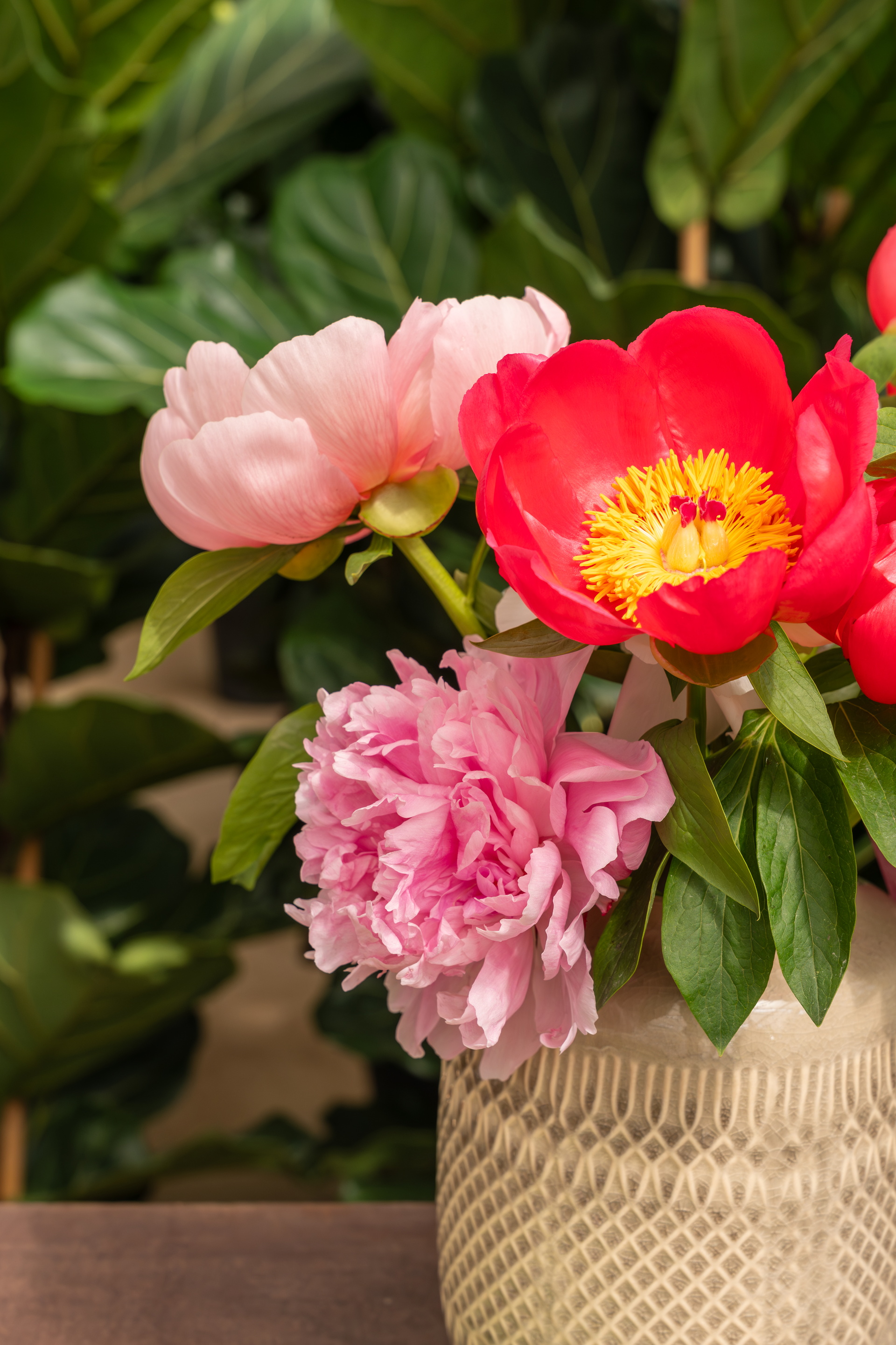 Roze en rode bloemen in een witte vaas tegen groene bladeren