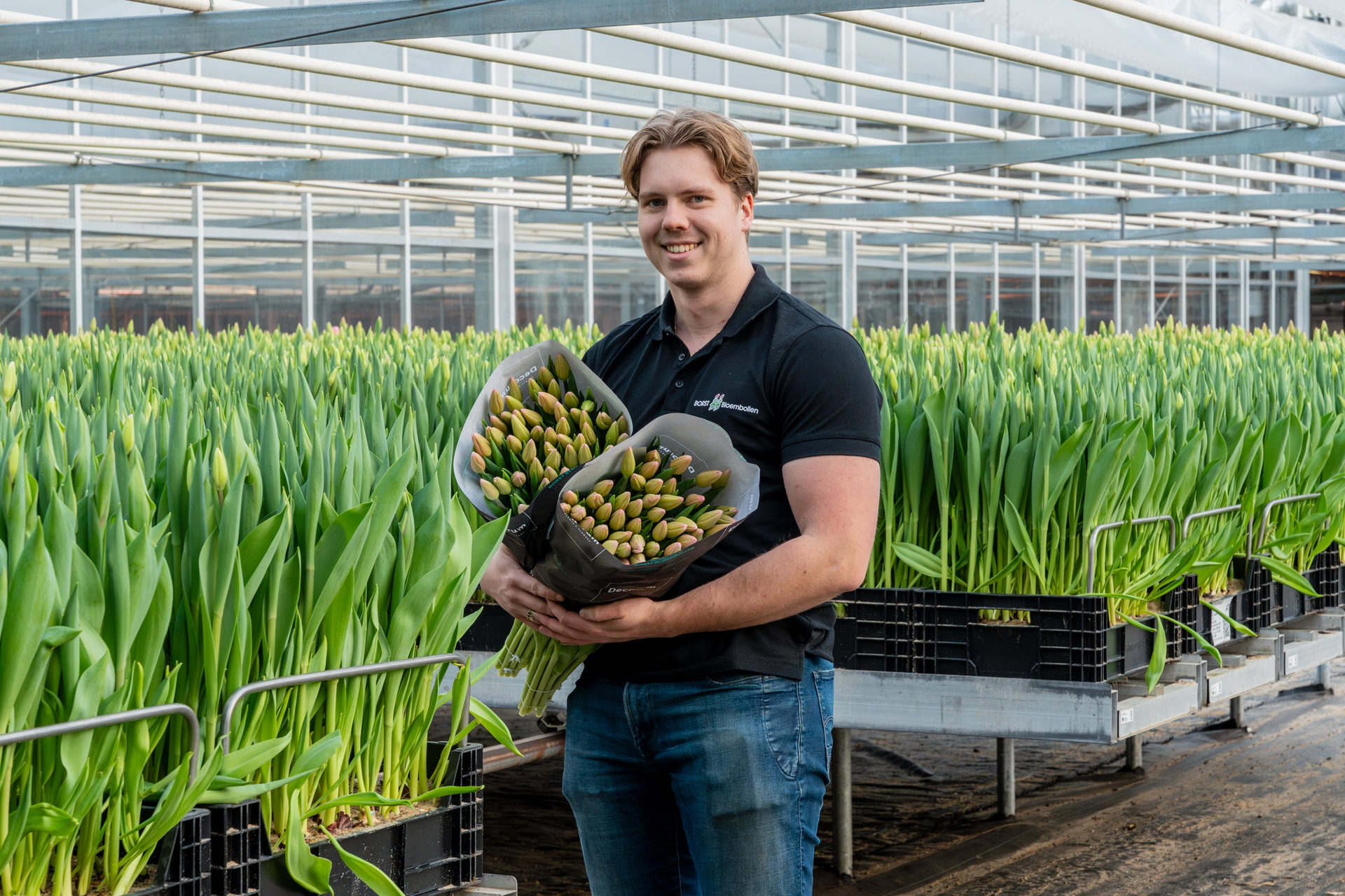 Man in kas houdt bakje groene planten vast tussen rijen gewassen.