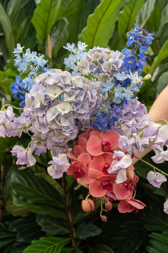 Bos bloemen met paarse hortensia en roze orchidee, hand houdt het boeket vast