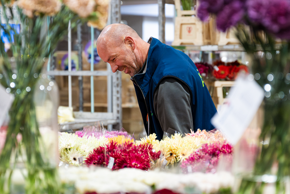 Oudere man in bloemenwinkel, kijkt naar kleurrijke boeketten op toonbank