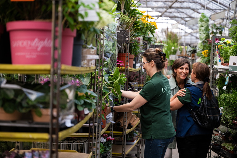 Medewerkers verzorgen planten in een kas, omringd door groene rekken.